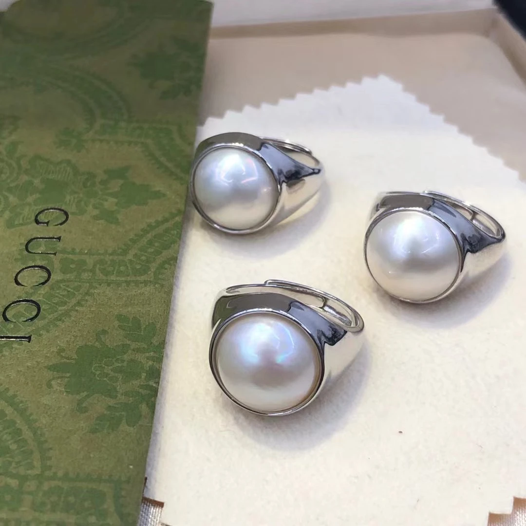 浮梦珠宝厚银至本海水马贝珍珠925银13-14mm微瑕开口戒指多样发一