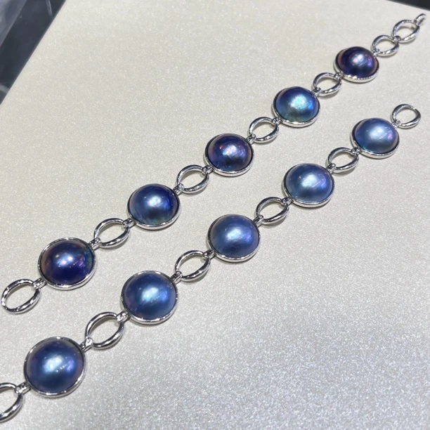 浮梦珠宝海水马贝珍珠15-16mm花环手链S925银微瑕宝蓝色多样发一