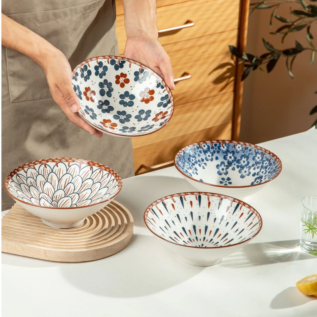 【4只装】8英寸藤编四花色面碗家用陶瓷釉下彩饭碗汤碗加厚防烫大碗