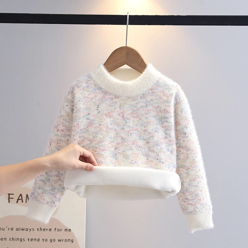 女童毛衣一体绒2024新款冬季加绒中大童水貂绒儿童针织衫保暖上衣