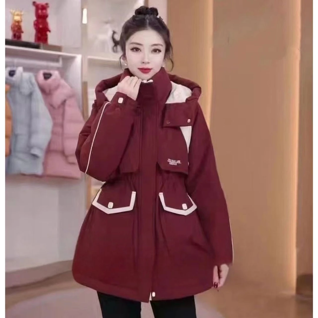 安可拉红时尚中长加绒加厚风衣外套2024收腰秋冬派克保暖外穿上衣