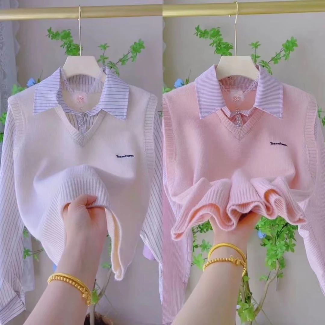 韩版假两件长袖衬衫女2024春秋新款小众设计感气质百搭显瘦上衣