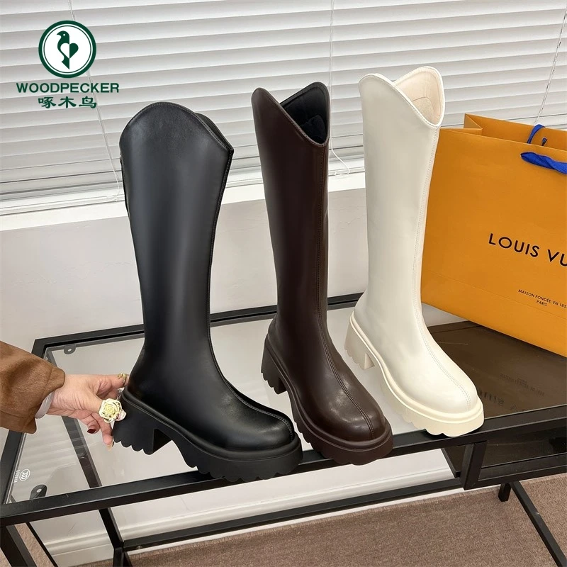 啄木鸟百搭秋冬小个子时尚厚底加绒长筒靴女新款百搭骑士长靴女款