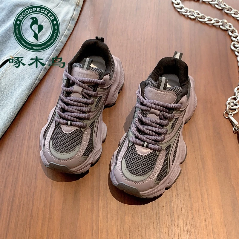 啄木鸟厚底老爹鞋女2025新款显脚小增高百搭网面运动鞋欧洲站时尚