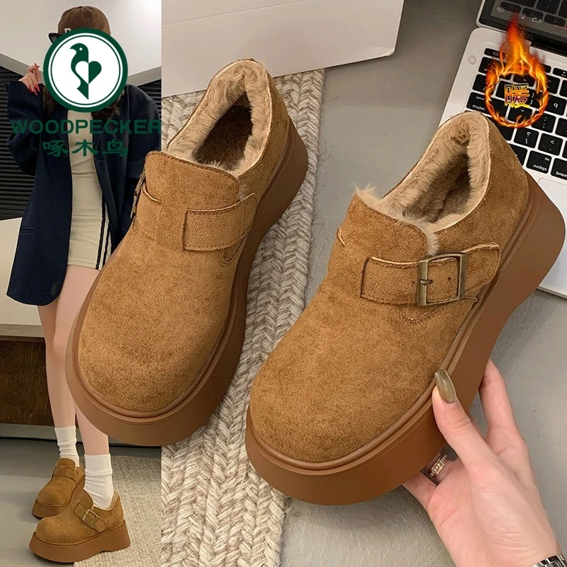 啄木鸟厚底加绒勃肯鞋女保暖雪地靴2024新款冬季一脚蹬乐福鞋棉鞋