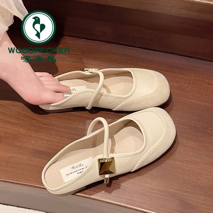 啄木鸟一脚蹬玛丽珍半托包头皮鞋裙子女鞋外穿搭配半拖新款晚晚鞋