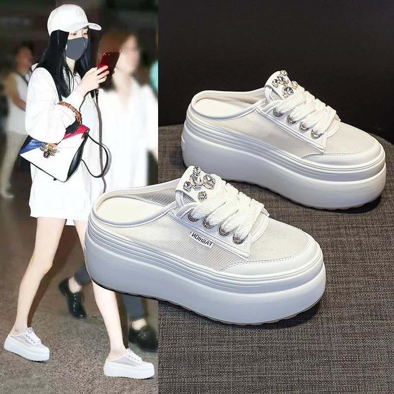 真皮网纱包头夏水钻镂空懒人透气白鞋女款半拖鞋女款2025新款爆款