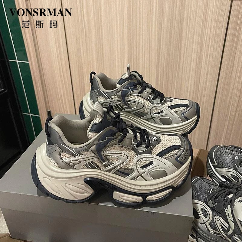 范斯玛2024AU5新品秋季款5.5CM减震防滑厚底网布女士运动老爹鞋