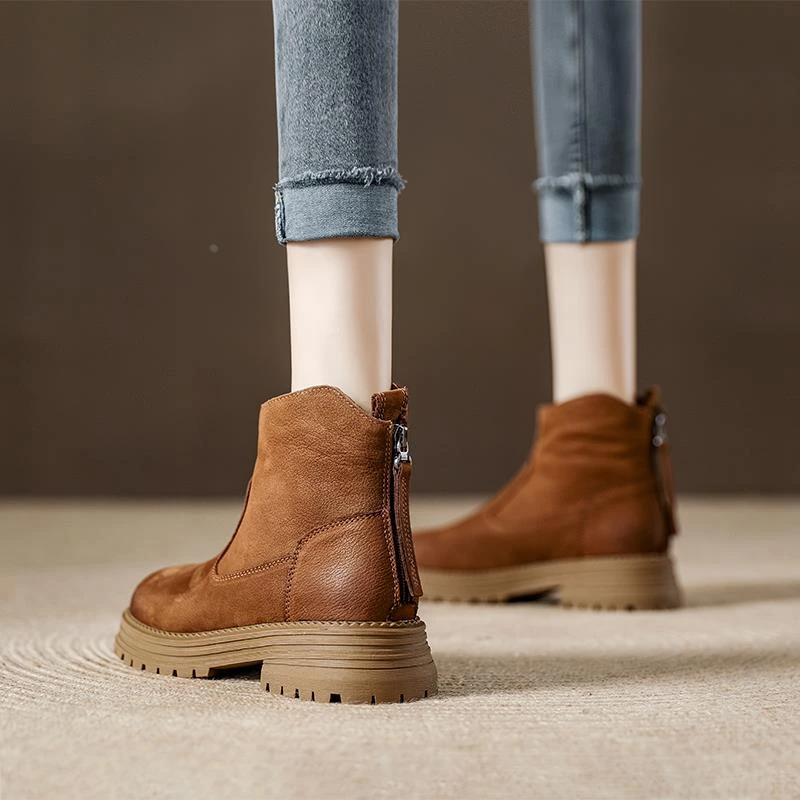 高端复古后拉链英伦风粗跟2024秋冬新款高颜值女士马丁鞋女款