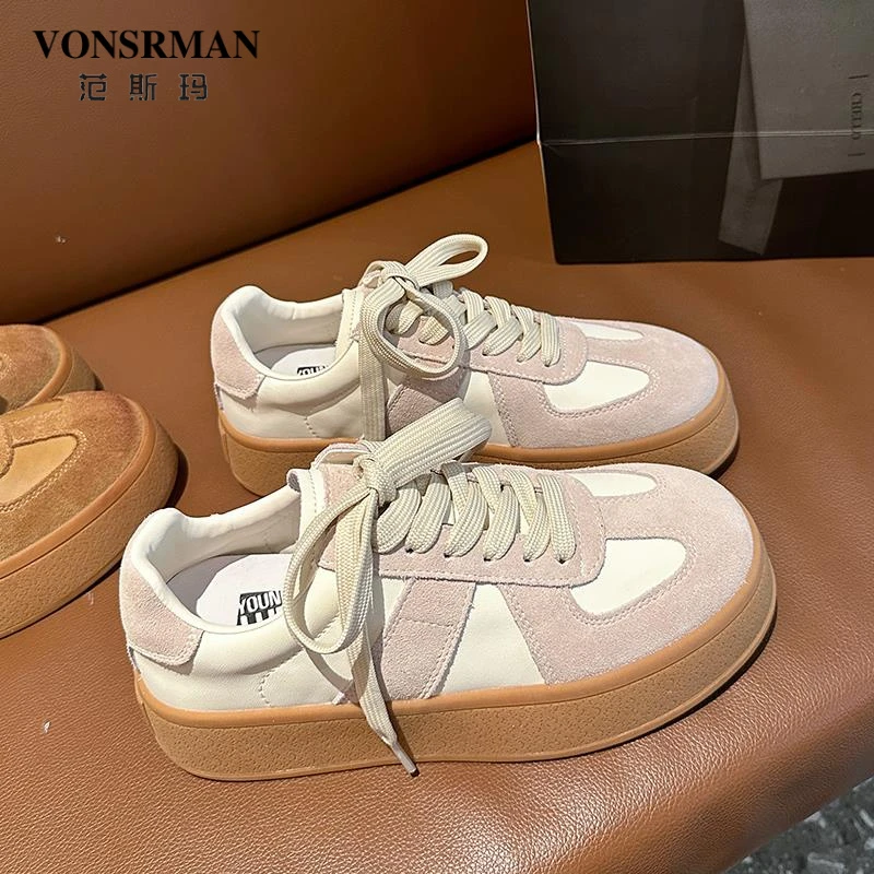 真皮厚底德训鞋女2024春秋新款拼色百搭复古时尚软底运动休闲板鞋