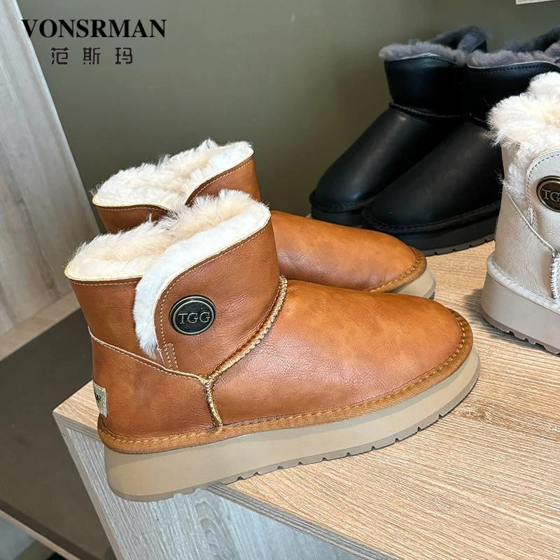 厚底雪地靴女2024冬季款皮面防水保暖加绒防滑短筒东北棉鞋子