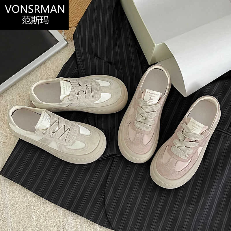 厚底圆头真皮德训鞋女2024新款百搭休闲鞋增高系带板鞋