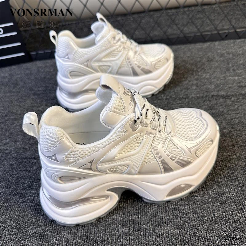 香港高端松糕厚底运动女鞋2024秋季舒适透气高跟网面增内高老爹鞋