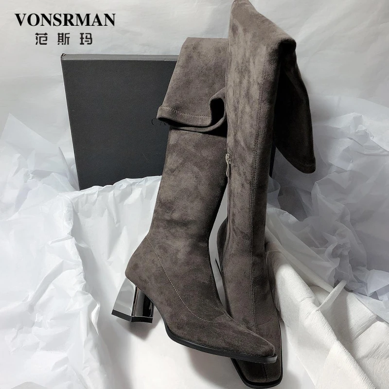 范斯玛 韩风通勤日常风拉链金属粗跟方头高跟瘦瘦靴秋季长靴女
