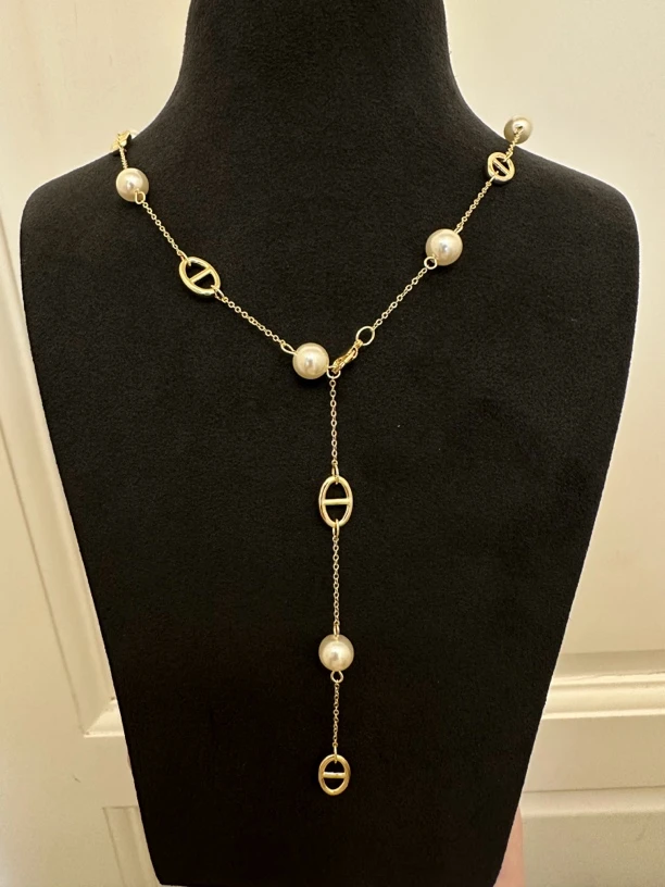 铜合金仿珍珠项链 X0173气质轻奢时尚百搭金色坠链素款环环相扣