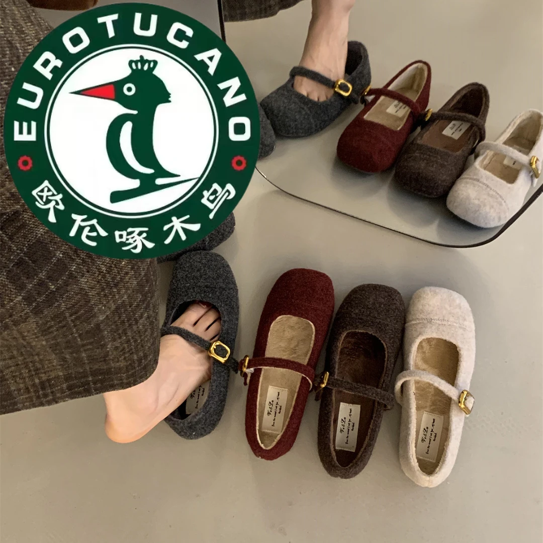 欧伦啄木鸟毛毛鞋女秋外穿新款法式复古仙女风圆头加绒平底玛丽珍