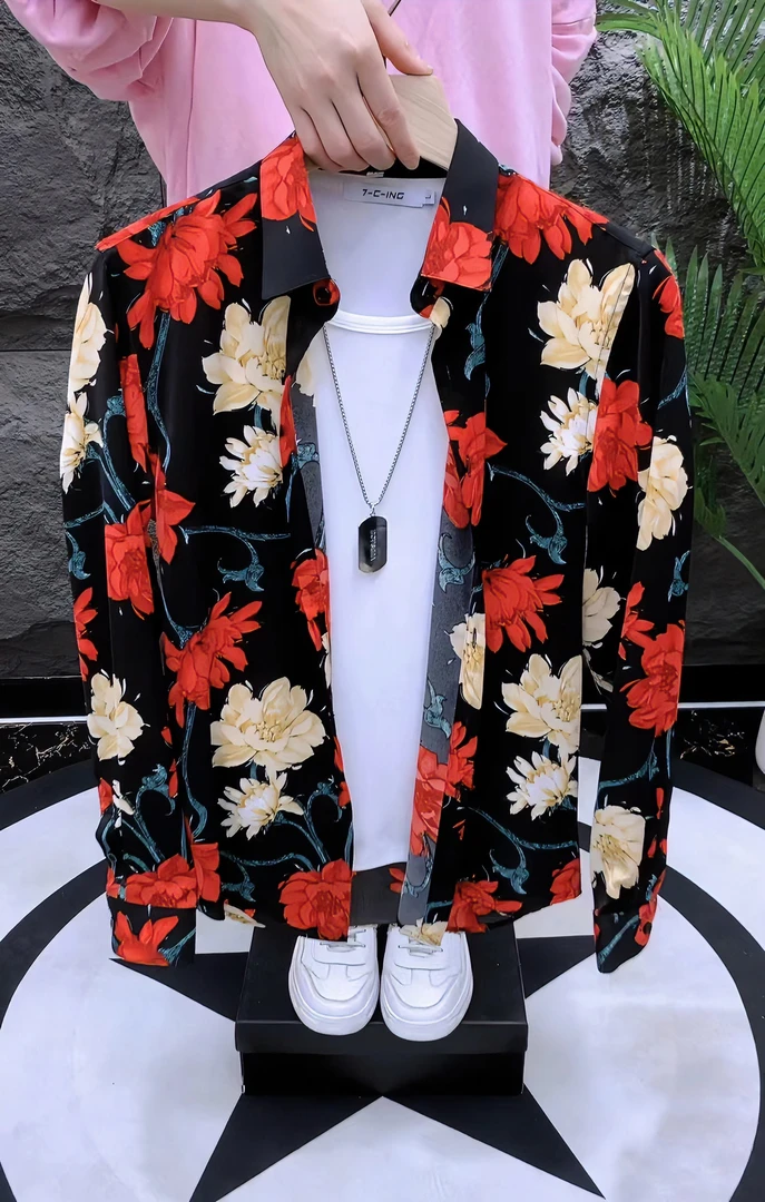 韩版修身男士帅气氛围感穿搭个性时尚印花百搭薄款长袖衬衫863