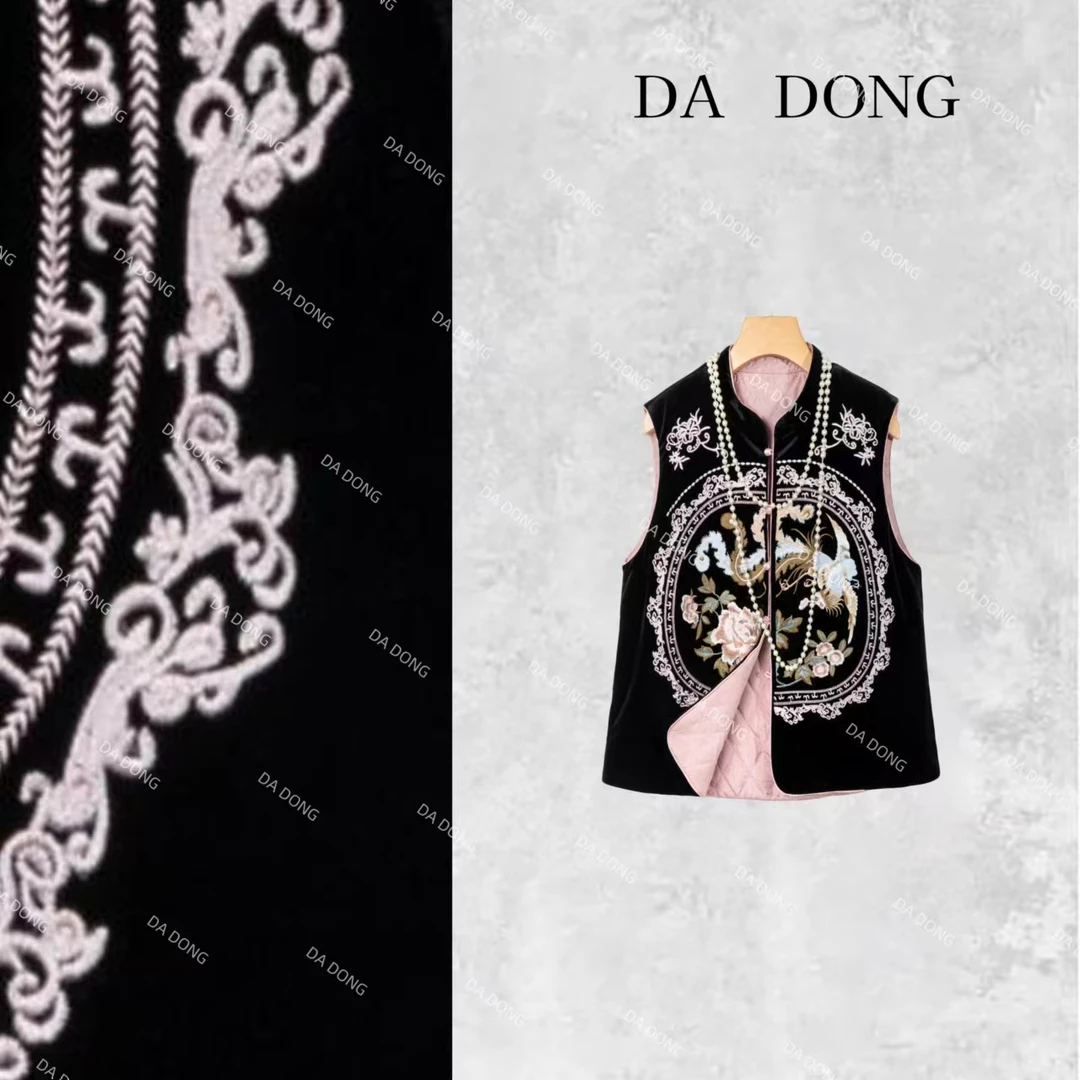 凤喜--新中式设计师高定轻奢休闲时尚黑色重工刺绣国风加棉马甲