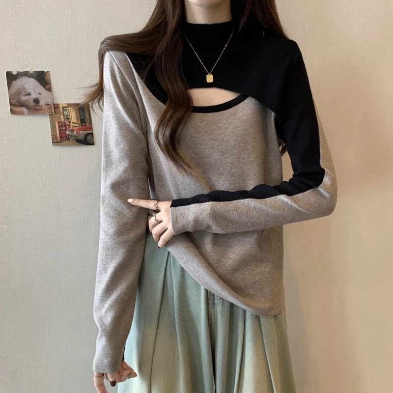 秋冬胖mm加厚半高领复古打底衫毛衣大码女装撞色拼接镂空针织上衣