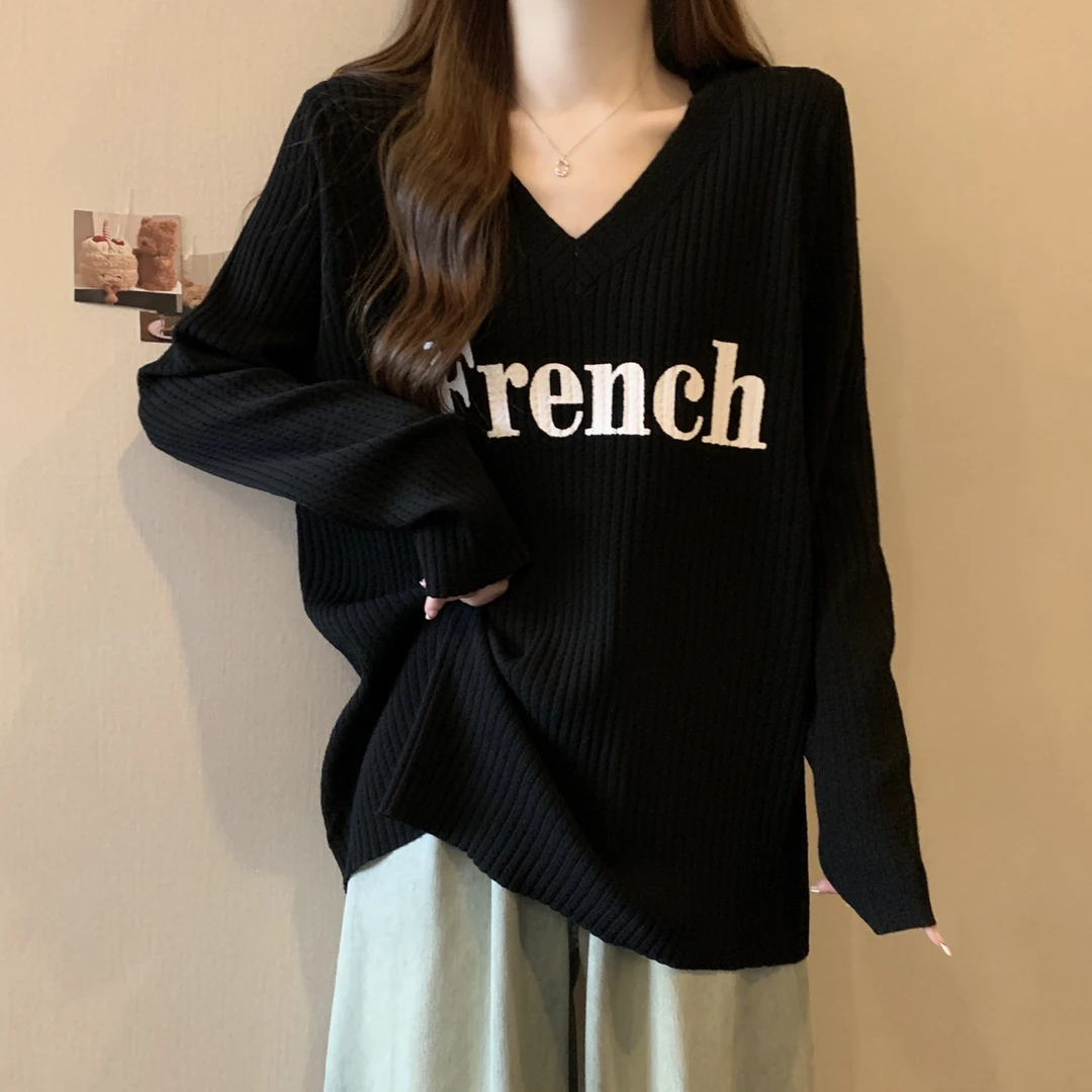 秋季大码女装宽松长袖t恤V领上衣胖妹妹慵懒风显瘦遮肉针织打底衫
