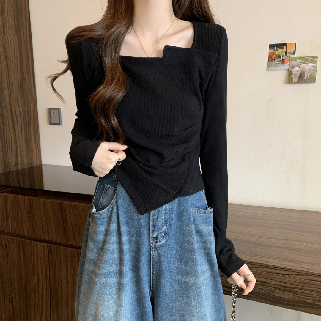 不规则长袖T恤上衣女秋冬大码胖妹妹显瘦短款欧货洋气小打底衫潮