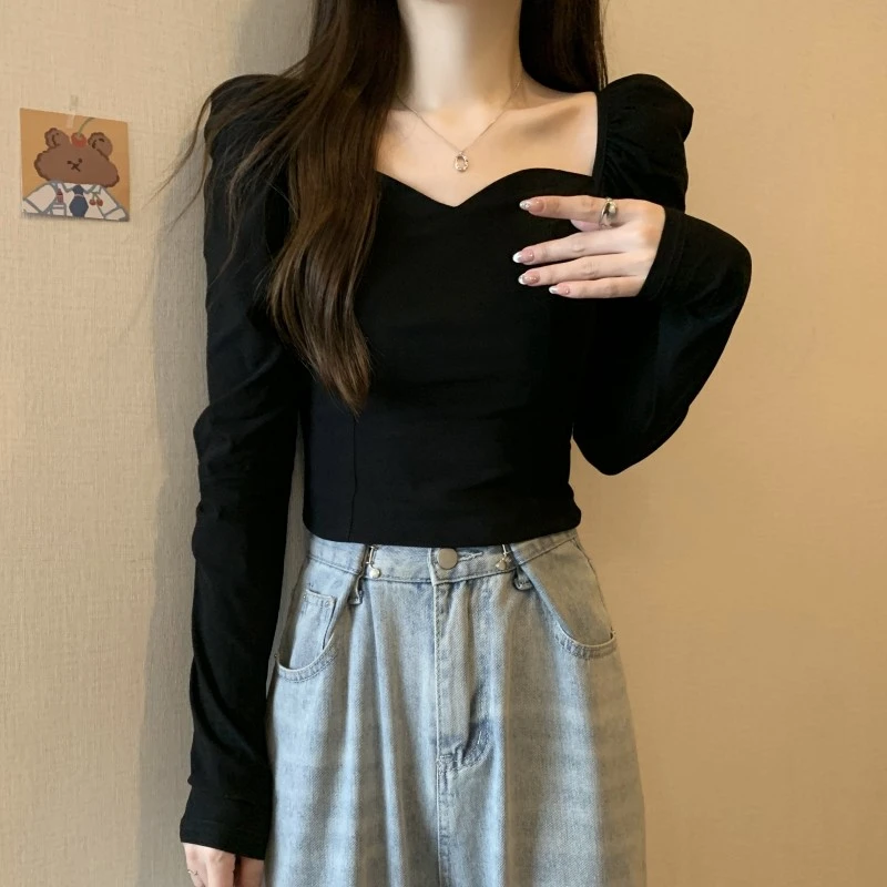 秋冬大码法式复古方领泡泡袖上衣胖妹妹修身设计感长袖v领打底衫