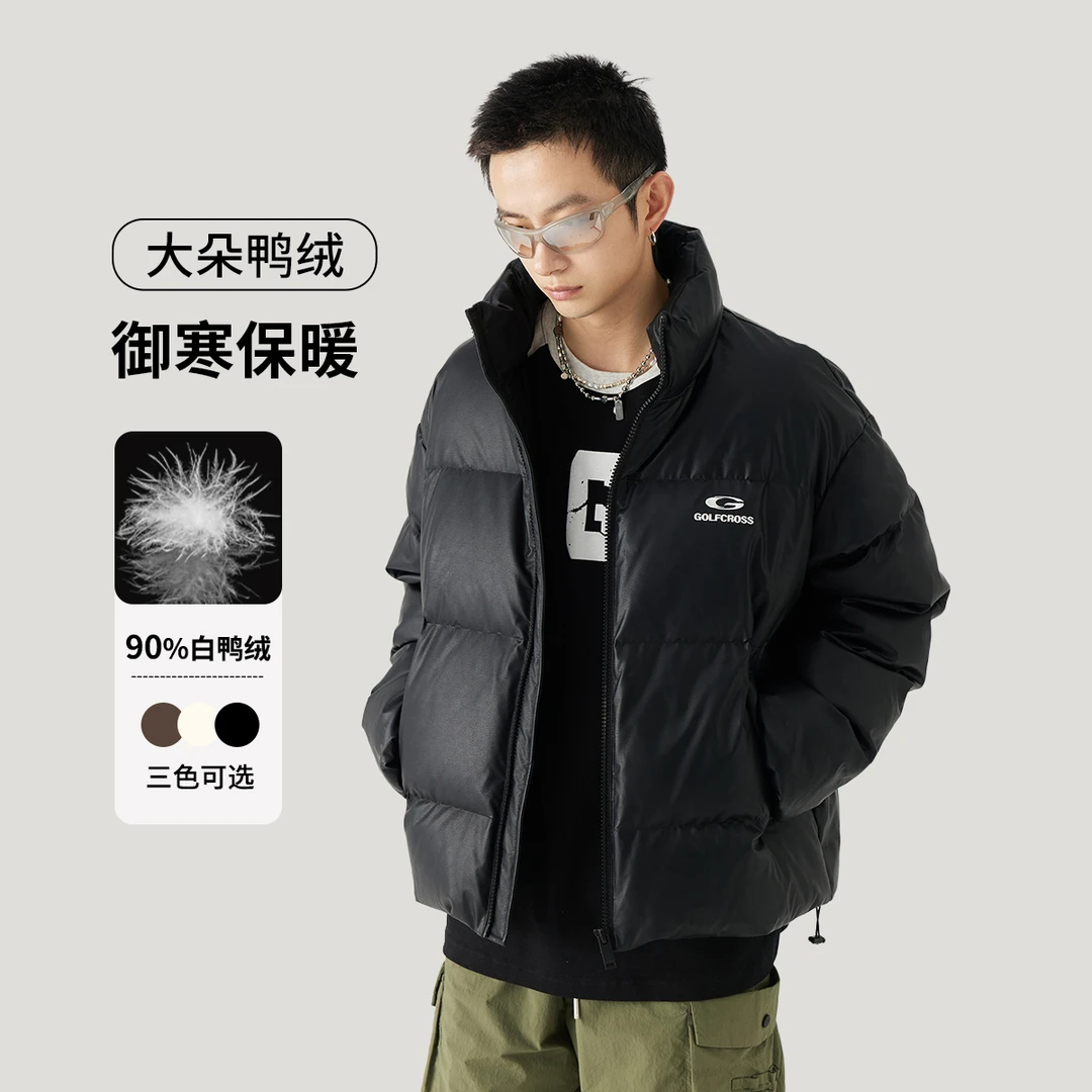 GOLFCROSS短款90白鸭绒羽绒服加厚pu皮面立领冬季保暖面包服外套
