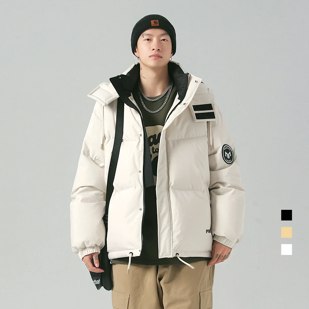 【雯声而来】基础纯色简约印花连帽加厚保暖90白鸭绒羽绒服外套