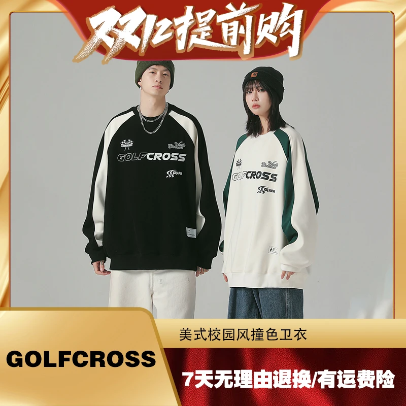 【双十二提前购】GOLFCROSS撞色条纹字母logo印花圆领插肩长袖卫衣