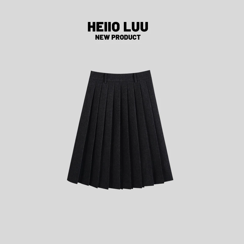 深灰色高腰显瘦毛呢裙2025秋冬中裙搭毛衣的百褶裙半身裙