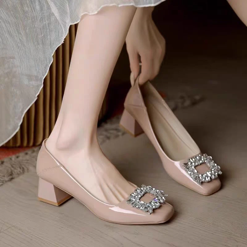 法式水钻粗跟单鞋女2024夏新款方头时尚气质婚鞋中跟高跟鞋515