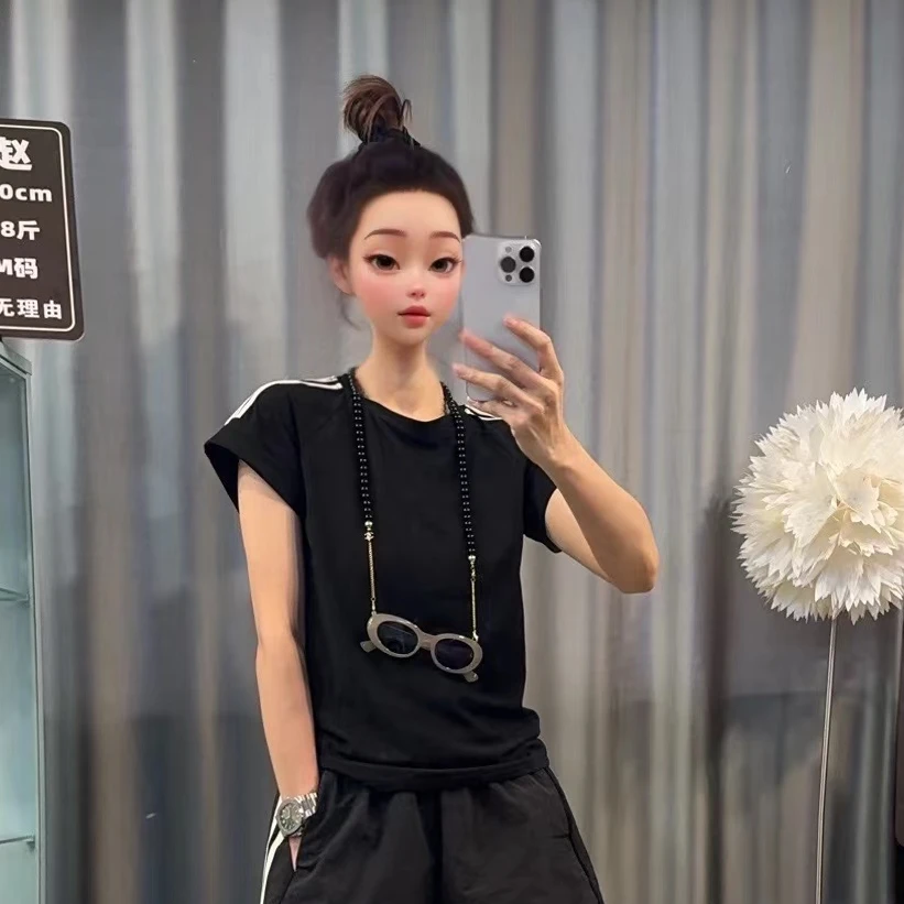 【文乐乐】夏季新款洋气显瘦时尚休闲潮流百搭侧边条短袖T恤0880