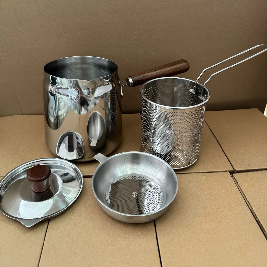 【出口】304不锈钢油炸锅家庭用加高加深油炸锅带滤网胡桃木小炸锅