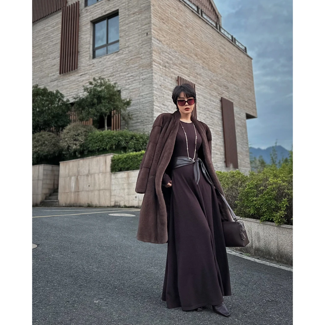 【如歌】曼妙身姿蝴蝶结腰带立体裁剪弹力冬季弹力极简打底长连衣裙