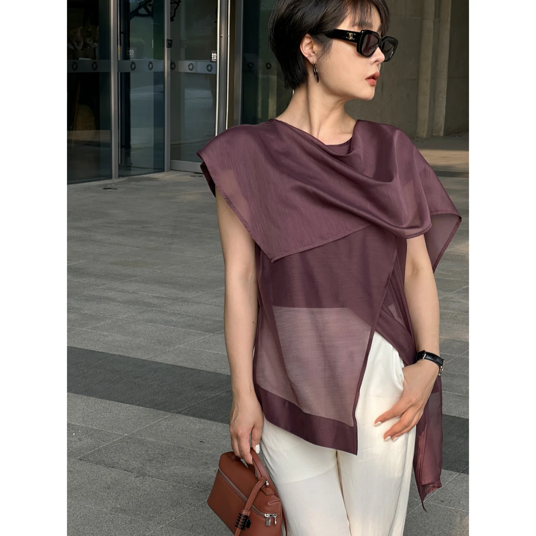 【紫苏】夏季二件套透式设计廓形朦胧感荡领飘带衬衣解构美学上衣
