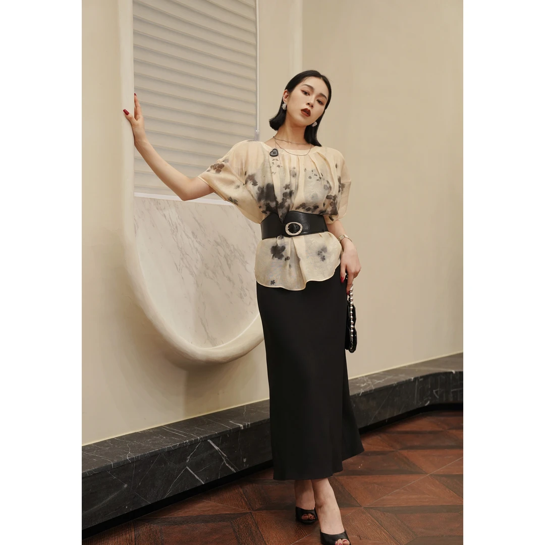 【曼妙时光】立体裁剪法式优雅国风水墨吊带裙配腰带连衣裙