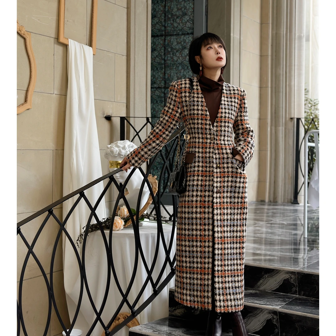 【罗马诗集】重磅保暧粗花呢格纹小香长款收腰拼皮高端冬季修身大衣