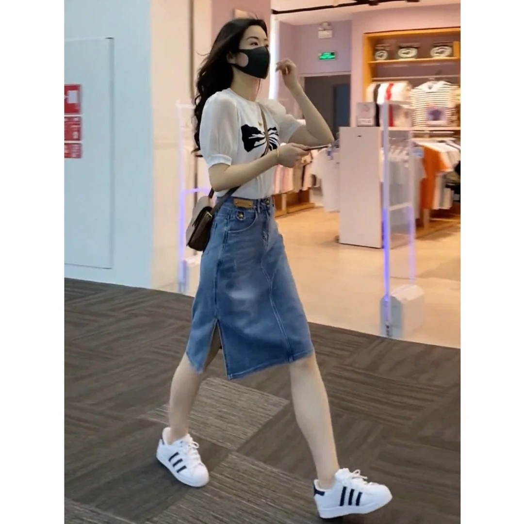 蝴蝶结上衣遮胯半身裙小个子夏软牛仔半身裙女高腰显瘦包臀A字裙