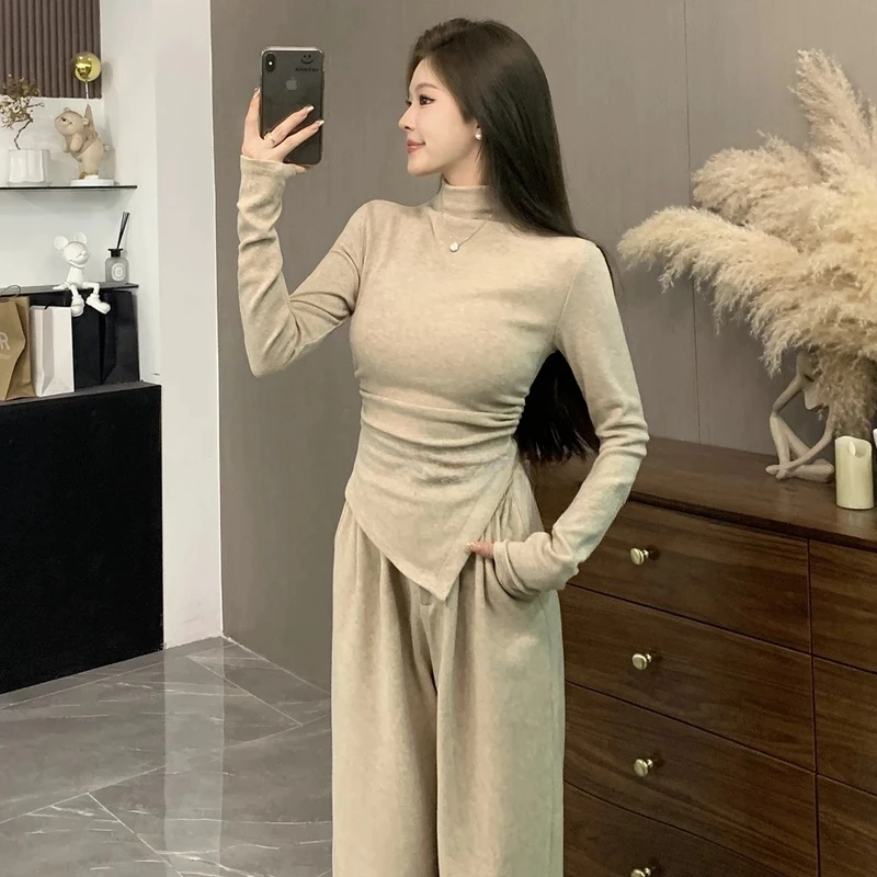 半高领加厚德绒打底衫女秋冬季新款内搭长袖T恤褶皱收腰显瘦上衣