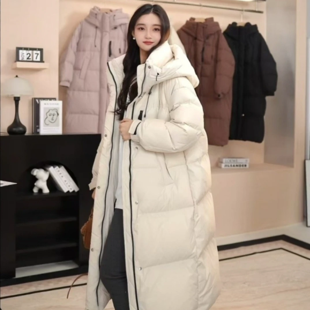 【山茶漫野2】冬季新款潮流百搭长款宽松连帽白鸭绒羽绒服