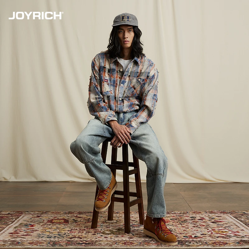 JOYRICH 复古肌理质感破洞撞色衬衫早秋新款宽松开衫上衣男女同款