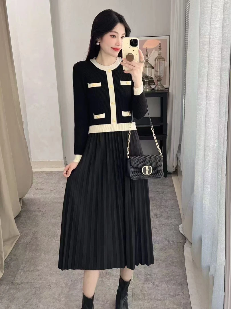 优雅大衣打底连衣裙简约针织开衫配黑色百褶裙打底外穿时尚百搭