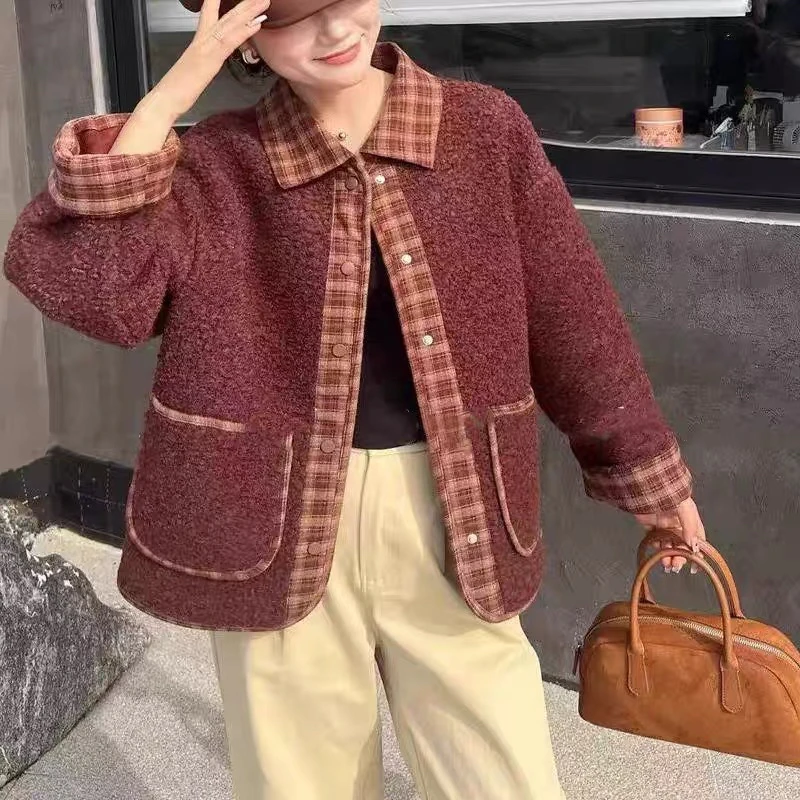 秋冬新款衬衬衫领格子拼接外套显瘦洋气加绒百搭麂皮绒小香风外套