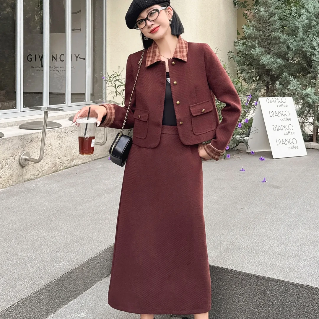 时尚小香风两件套装女秋冬短款外套搭配高腰长裙显瘦气质高腰套装