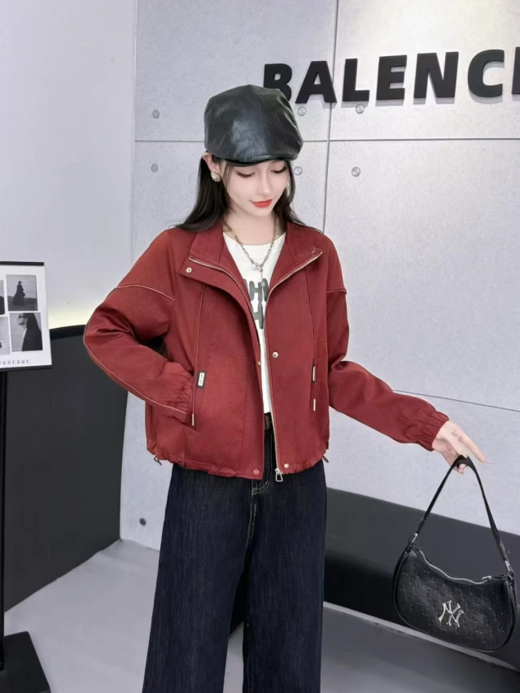 时尚外套女秋冬新款宽松休闲百搭立领拉链夹克小个子短款上衣