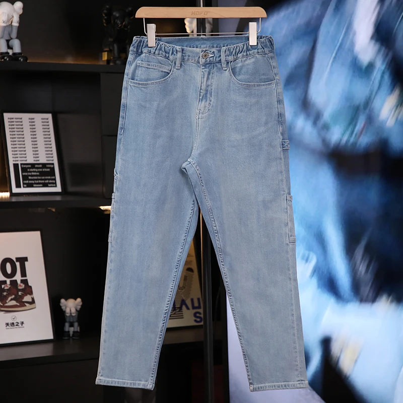 冬季新款可伸缩腰围弹力休闲百搭直筒宽松男款工装九分牛仔裤男