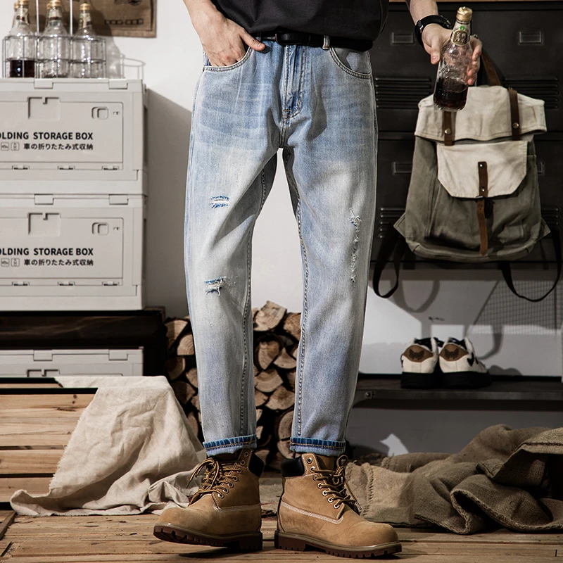2025年秋季新款破洞水洗美式复古锥形小脚九分牛仔裤男款休闲裤