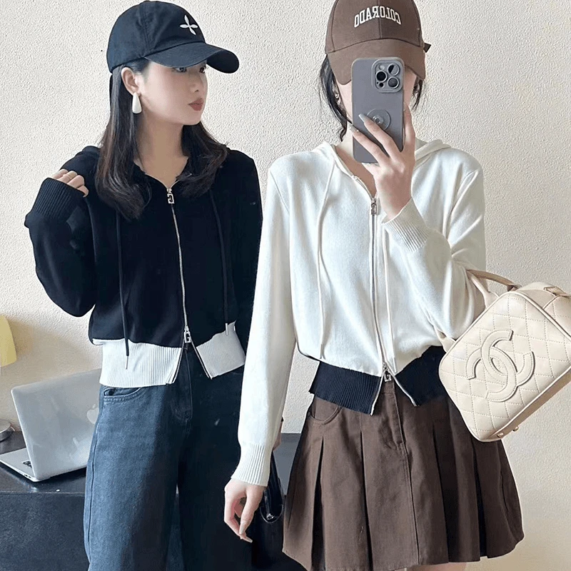 D JD8381 秋季新款2024百搭连帽针织衫春秋长袖针织休闲洋气上衣