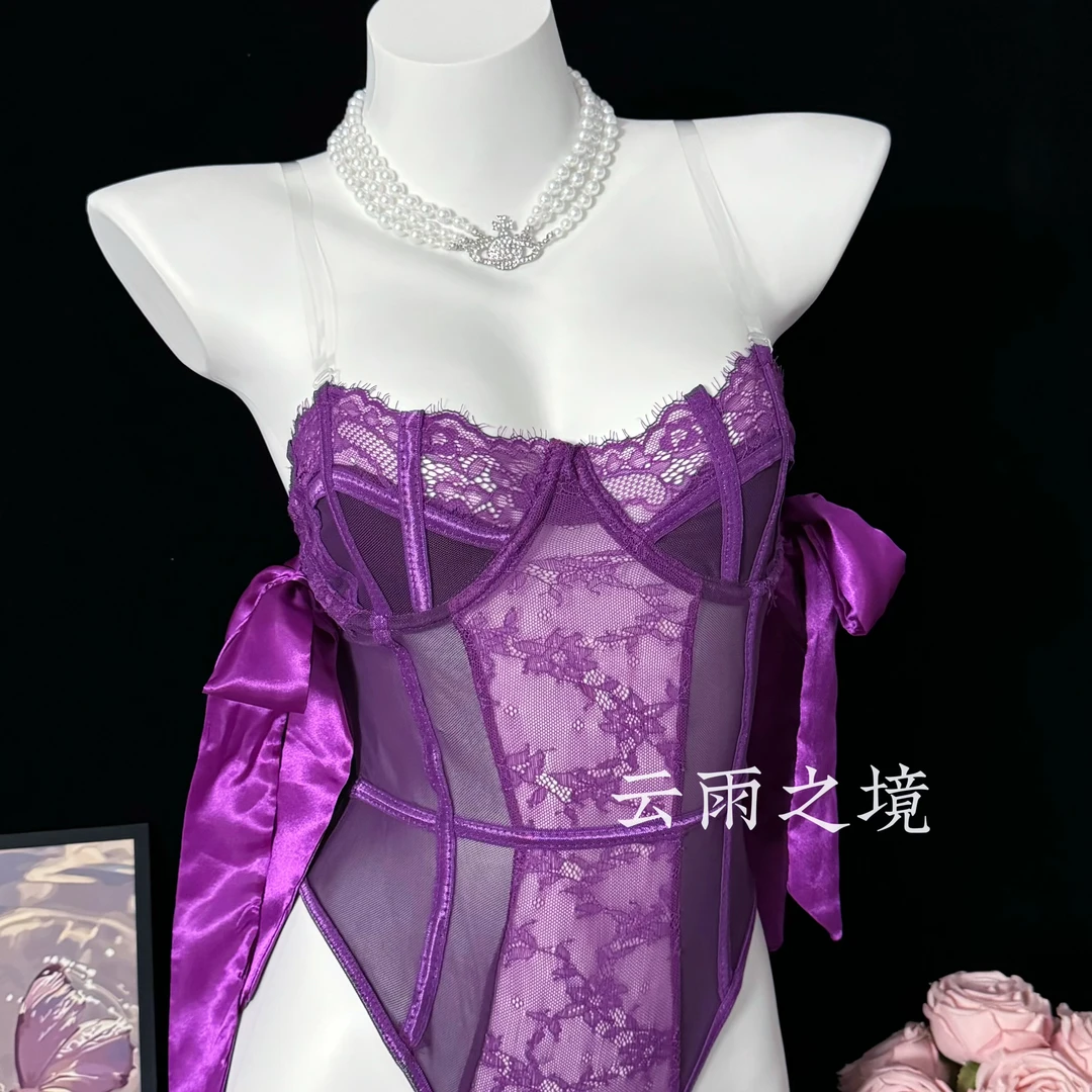 【紫黛】紫色连体鱼骨胸衣露背辣妹御姐蕾丝拼接