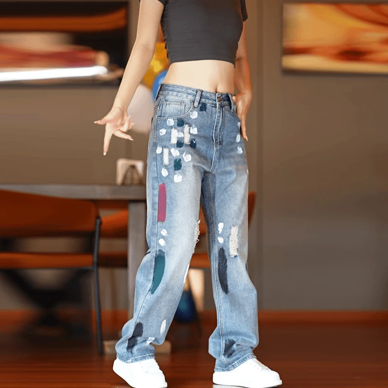美式复古秋季爆款涂鸦撞色潮流百搭重工水洗高街痞帅直筒牛仔裤男